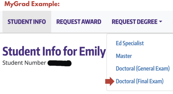 Screenshot of MyGrad heading which shows the Degree Request drop down menu