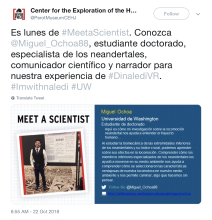 Screenshot of Perot Museum Tweet "Meet the Scientist" Miguel Ochoa, in Spanish