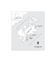 Black and white line map of the Kodiak Archipelago with black circles and arrows indicating the locations of the Ing'yuq Village site, Three Saints Bay Russian settlement site, the modern village of Old Harbor, and Saint Paul's Harbor (modern city of Kodiak).