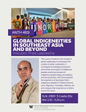Image of Course Flyer showing group of students with sign that reads "UNDRIP" and below that a course description and image of Professor Leepreecha.