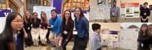 A collage of photos, one with a group of students and two photos with two students each standing in front of their presentation