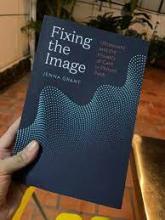 Book cover, "fixing the image", dark blue with light blue dots in a wave pattern