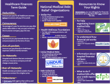 purple brochure with references to organizations that can help mitigate medical debt