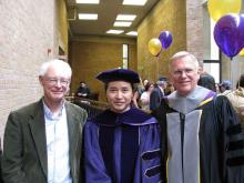 Jim Green (L) and Biff Keyes (R) with joint student Dao The Duc (C), Commencement 2008