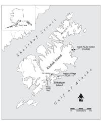 Black and white line map of the Kodiak Archipelago with black circles and arrows indicating the locations of the Ing'yuq Village site, Three Saints Bay Russian settlement site, the modern village of Old Harbor, and Saint Paul's Harbor (modern city of Kodiak).