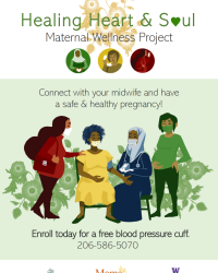 Poster for the Heart and Soul research project by Jan Jimenez a multicolor poster of pregnant women at a clinic for prenatal care