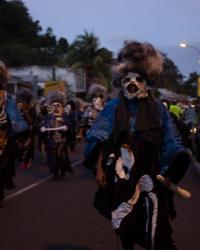 Photo of people marching in the streets at dusk, wearing black frocks painted with bones and water.