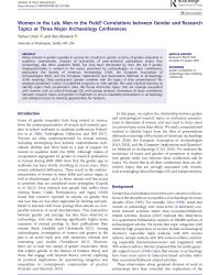first page of journal article "Women in the Lab, Men in the Field? Correlations between Gender and Research Topics at Three Major Archaeology Conferences" first page of journal article