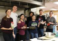 Cooking in the Husky Den Kitchen Kathryn Steele, unidentified student, Kirsten Lirio, Diane Guerra (undergraduate advisor), Gabrielle Son, Morgan Hale (assistant undergraduate advisor), Kyla Hasenpflug Photo by Ema Simion