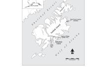 Black and white line map of the Kodiak Archipelago with black circles and arrows indicating the locations of the Ing'yuq Village site, Three Saints Bay Russian settlement site, the modern village of Old Harbor, and Saint Paul's Harbor (modern city of Kodiak).