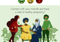 a multicolor poster of pregnant women at a clinic for prenatal care