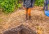 Photo of Hollis Miller in front of an excavated test pit