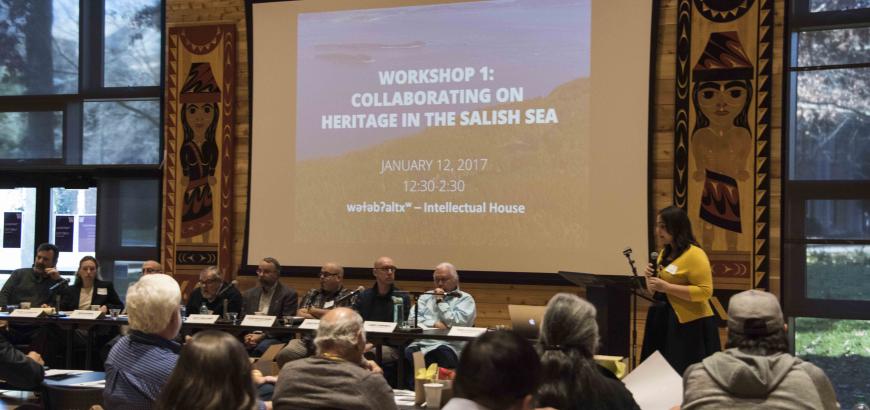 Workshop 1 Collaboration on Heritage in the Salish Sea. Welcome address by Ross Braine (Director of wǝɫǝbʔaltxʷ ). Photo credit: Sven Haakanson