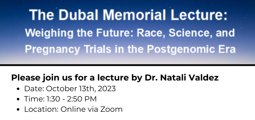 Flyer with information for 2023 Sam Dubal Memorial Lecture