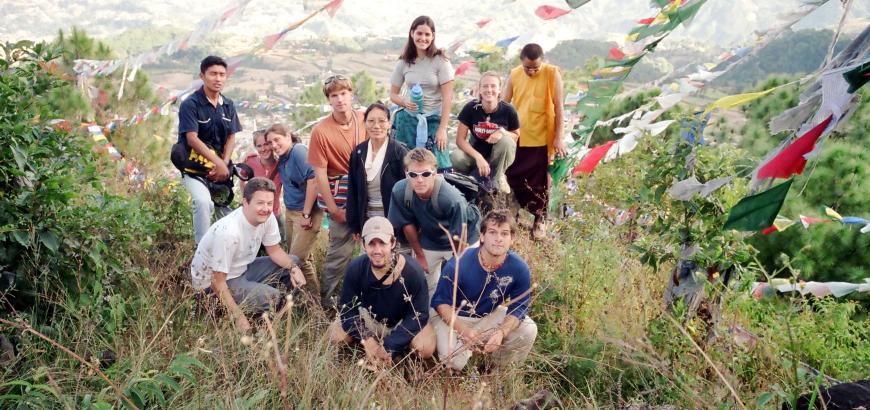 Peter (in white T-shirt) with American students, and Nepali and Tibetan hosts, at Yangleshö, Nepal